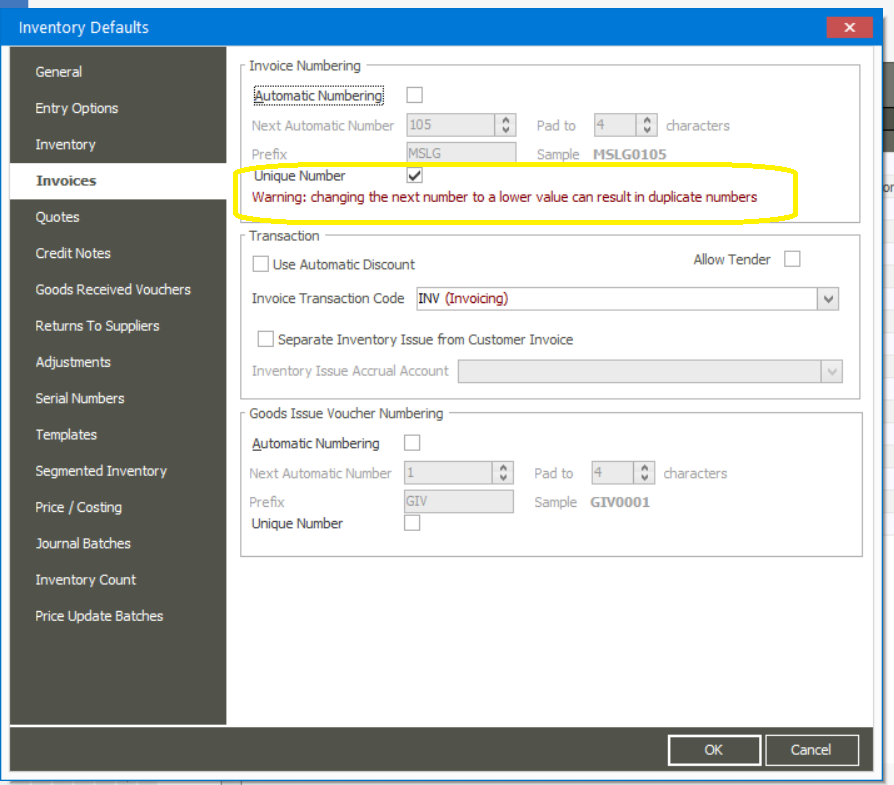 Configuration option for disallowing duplicate invoice numbers